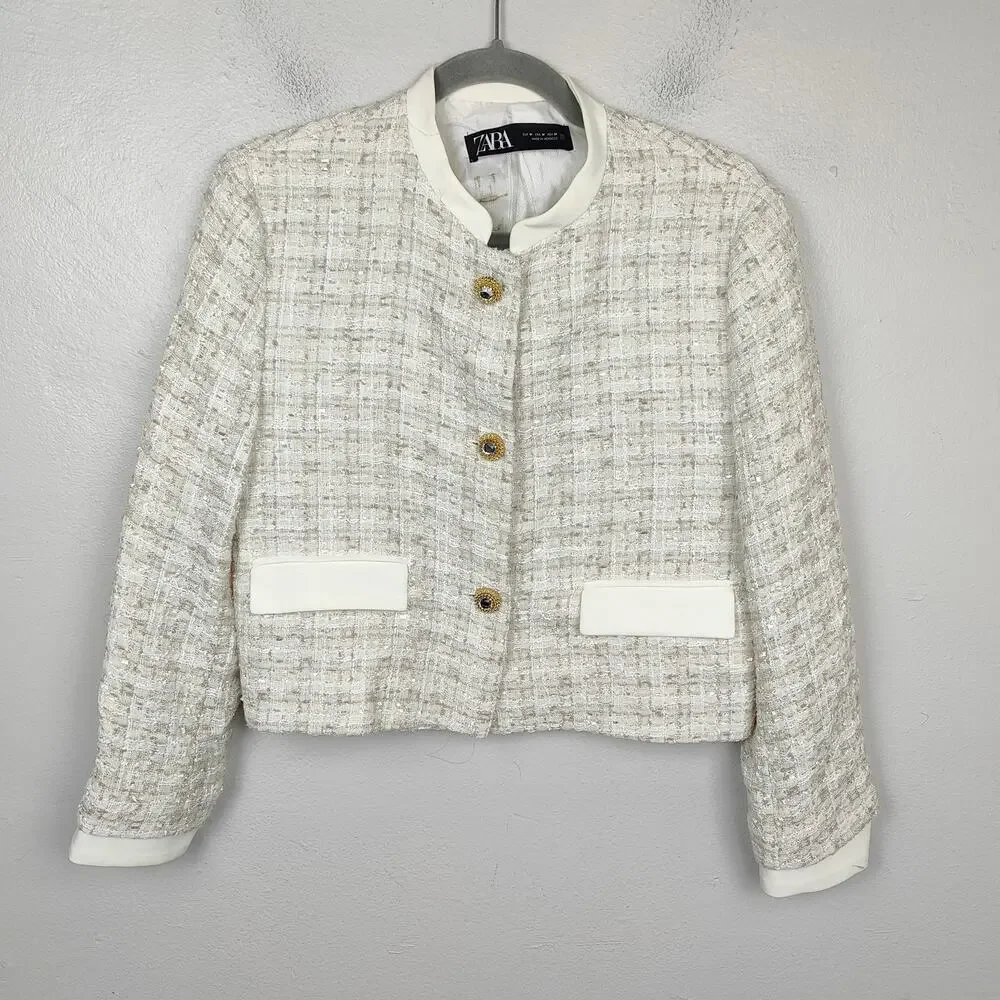 Zara Textured Combo Jacket Womens Medium White Gold Tweed Gaudy Old‎ Money